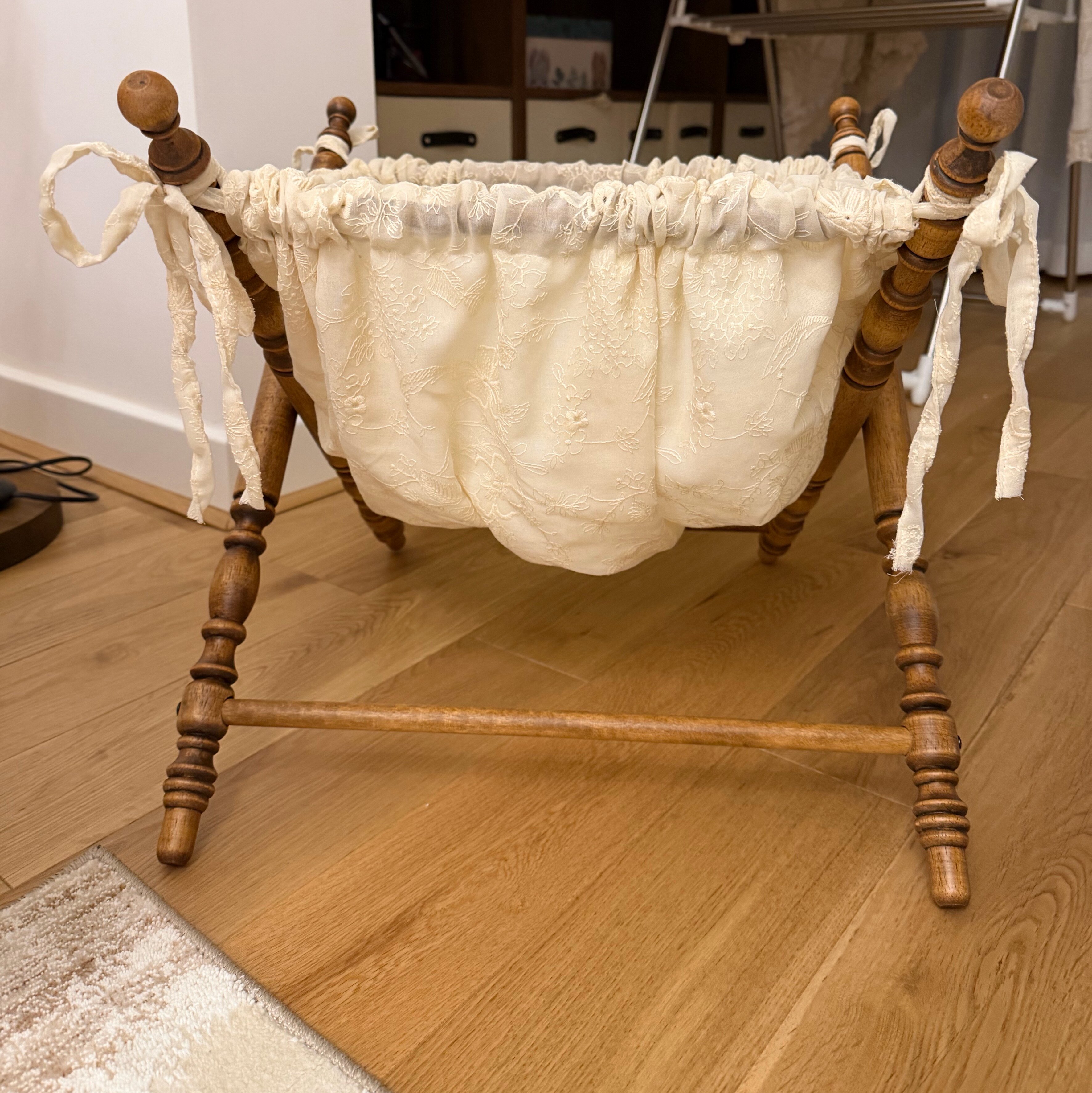 wooden storage basket for pet toys in a customer's home - Vintage French Fabric Pet Storage Hamper